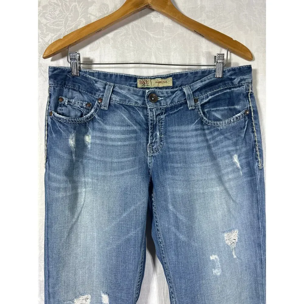 BKE Jeans 31x31.5 Sabrina Low Rise Flare Vintage Y2K Distressed Blue Denim